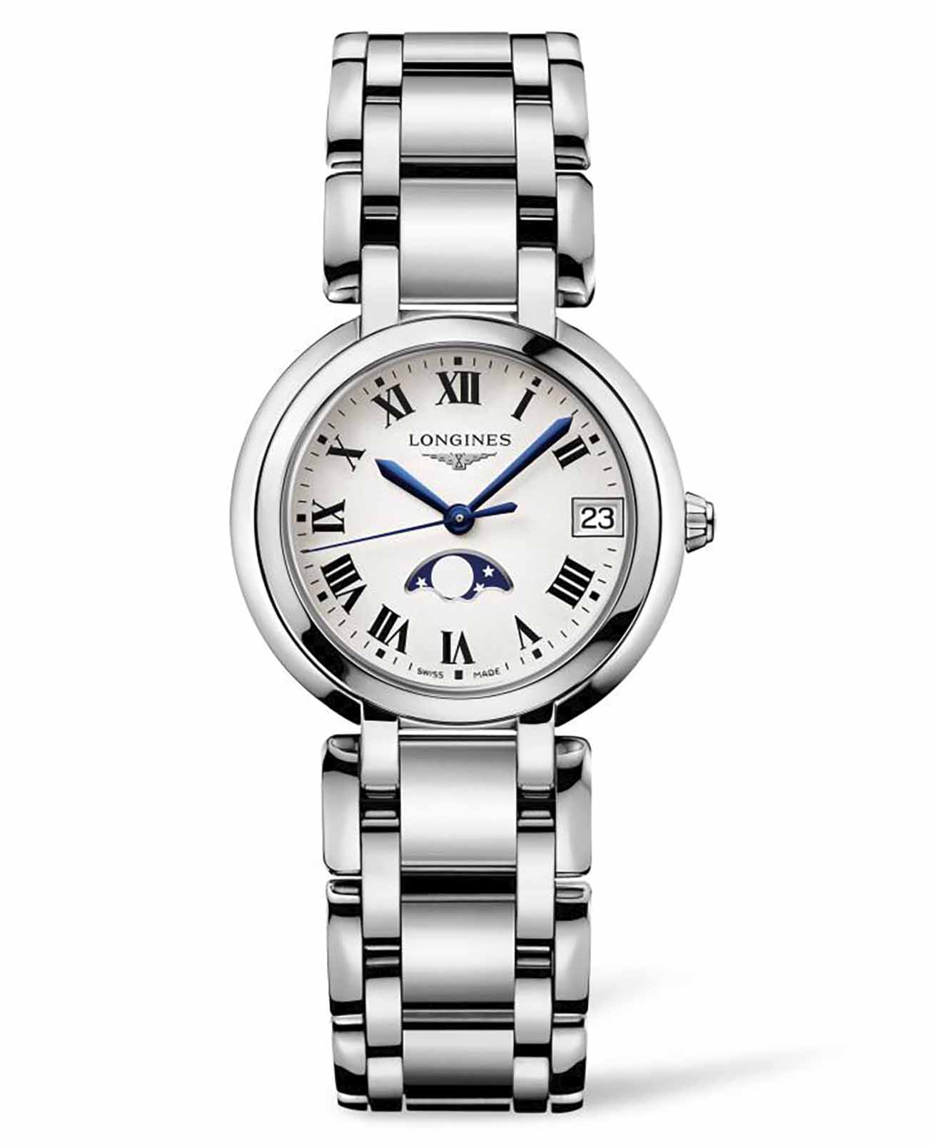 Longines Longines PrimaLuna L8.115.4.71.6  L81154716 кварцевые женские часы серебристый циферблат, браслет нержавеющая сталь — вид спереди